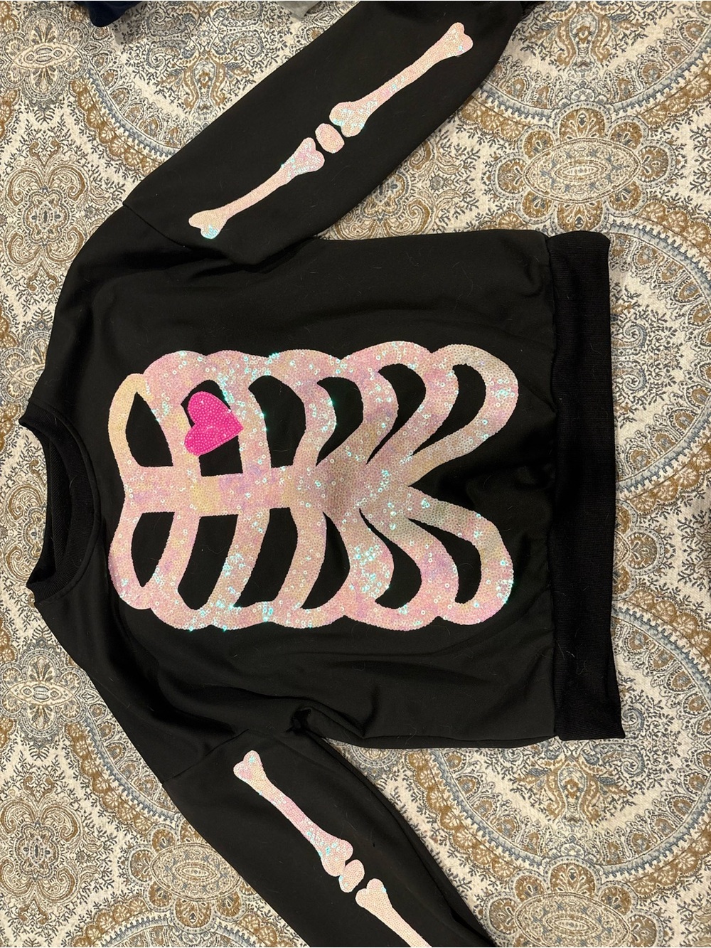Kids Black Sweatshirt with Sparkle Pink Skeleton and Heart